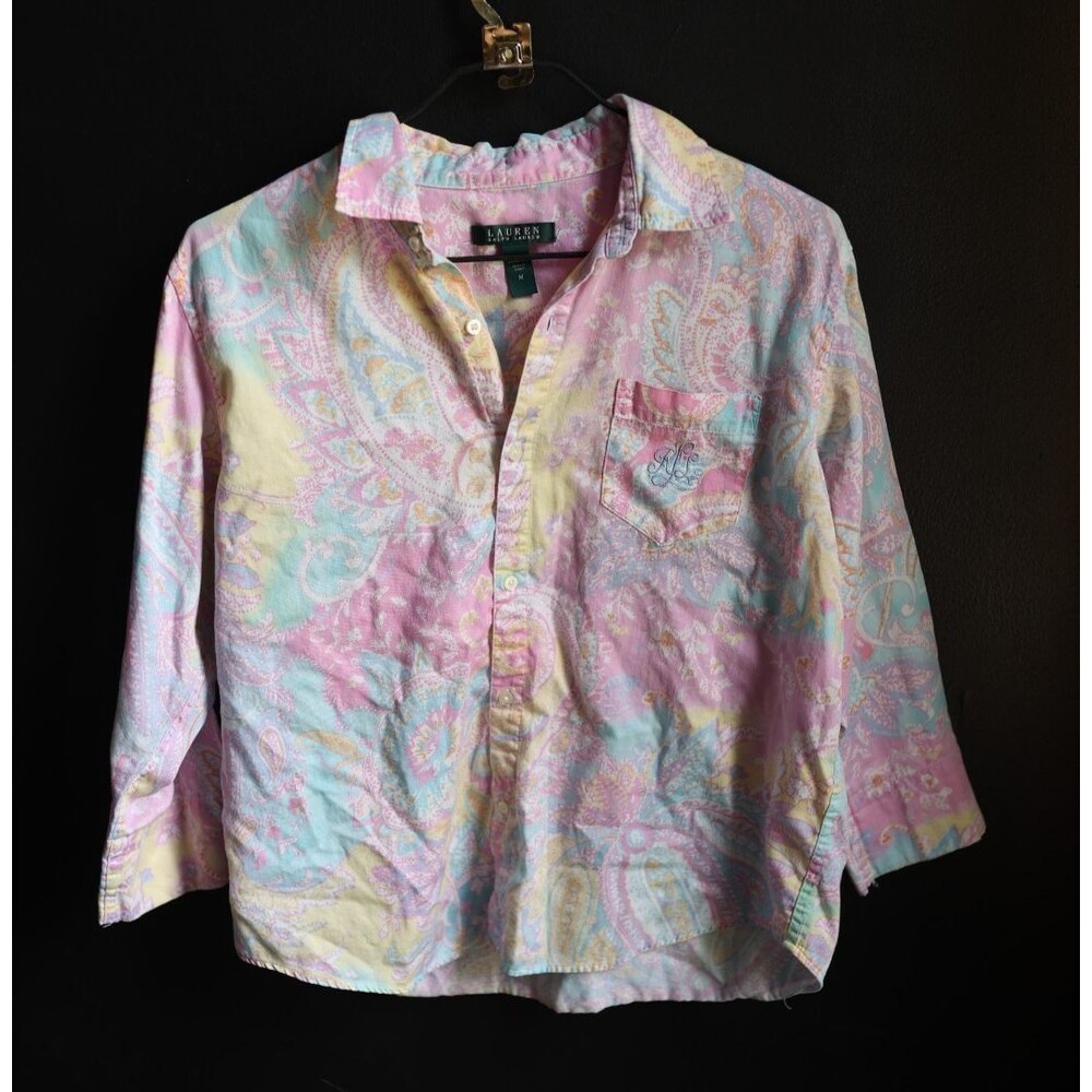 Lauren Ralph Lauren Women's Pastel Paisley Button-Up Collared Lightweight M